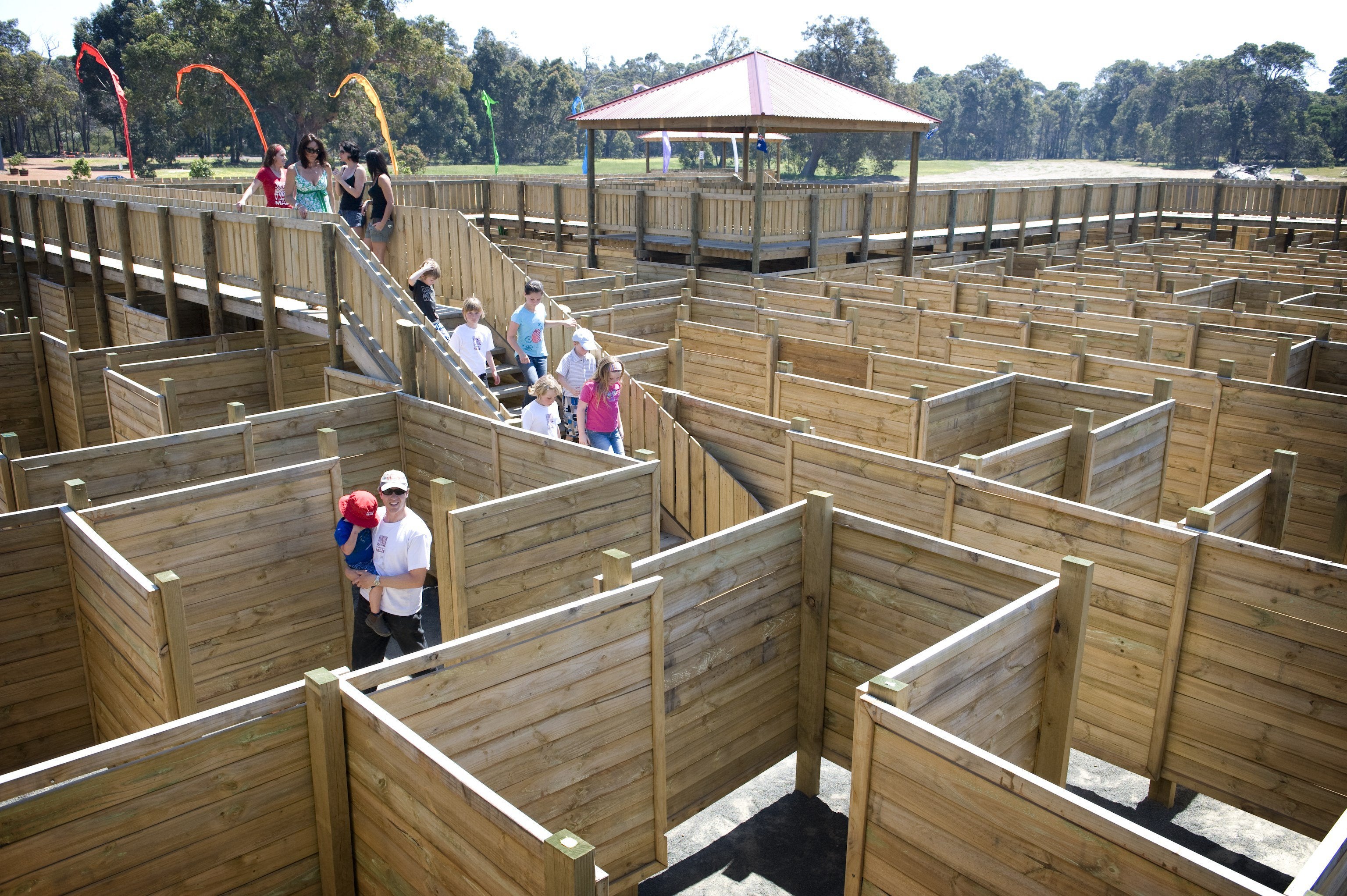 Huge timber maze with five towers and bridges